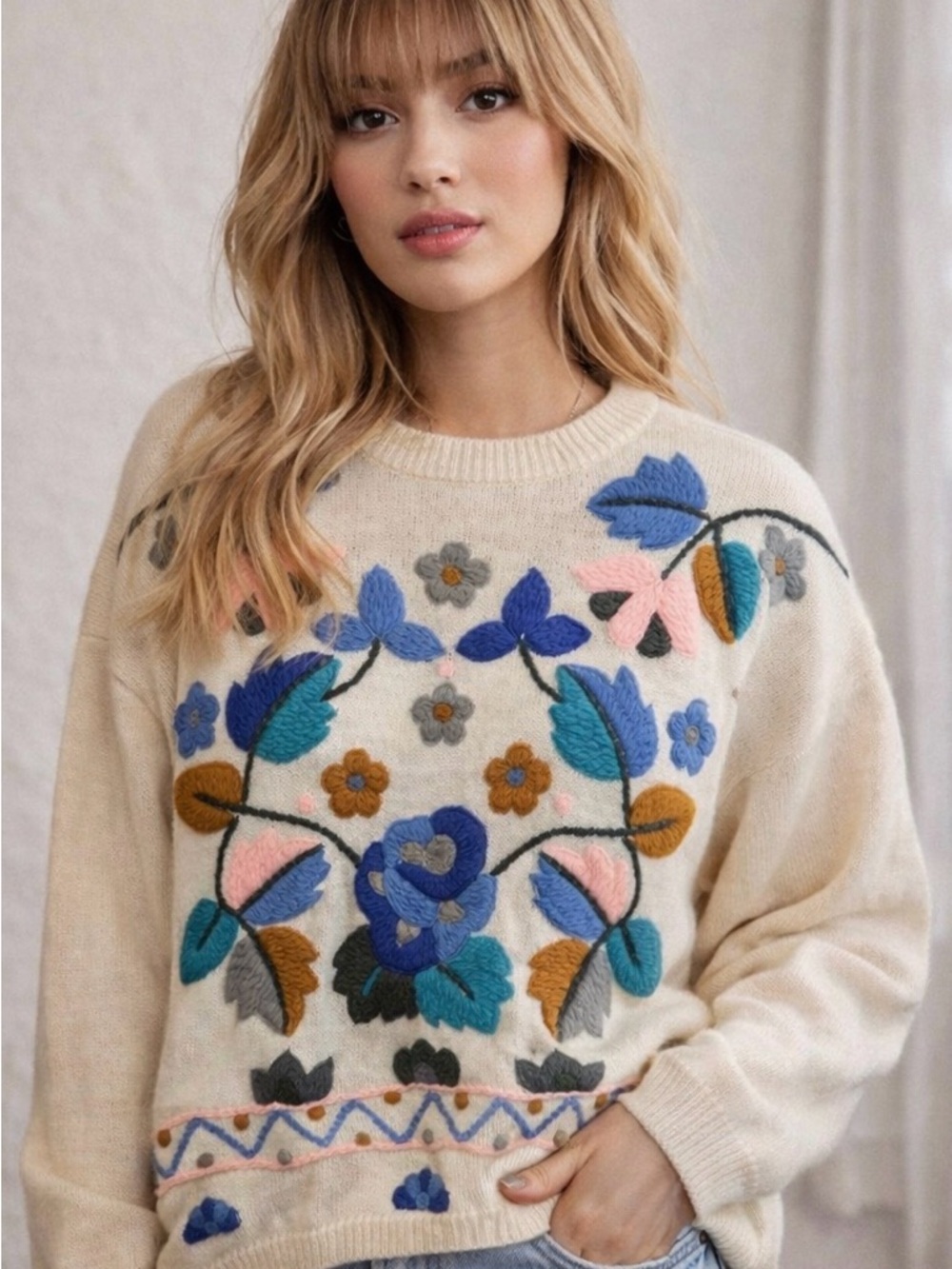 Vintage Kitty Hawk Vivian Wang Floral Embroidered Knit Sweater Cottagecore